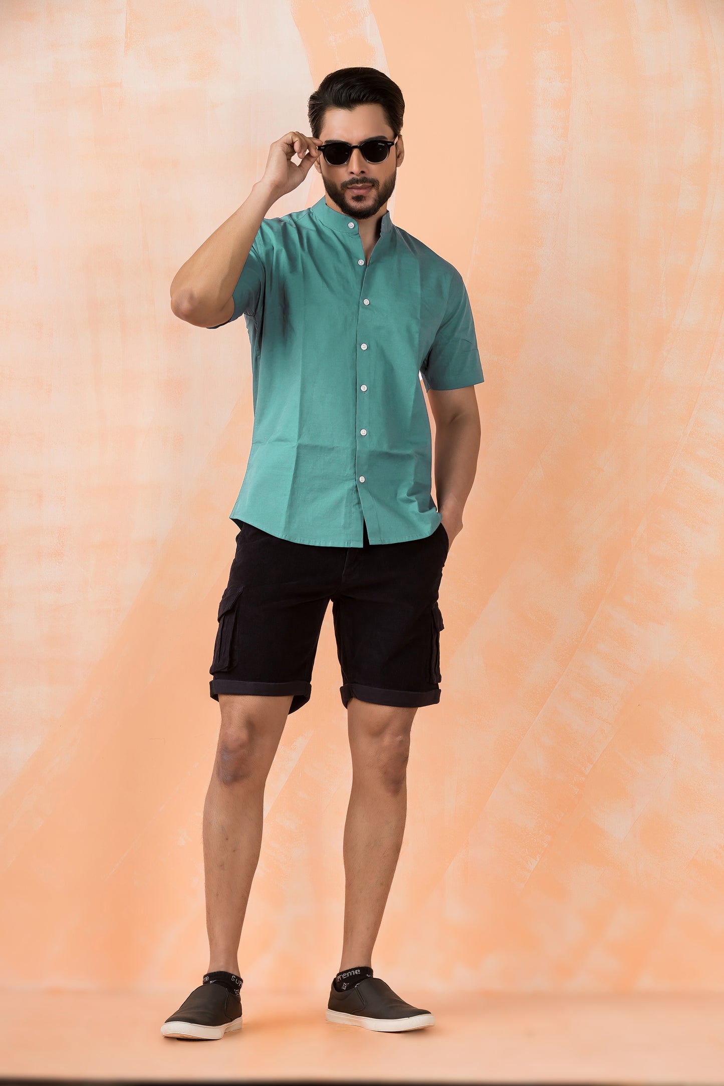 Bottle Green Half-Sleeve Linen Shirt