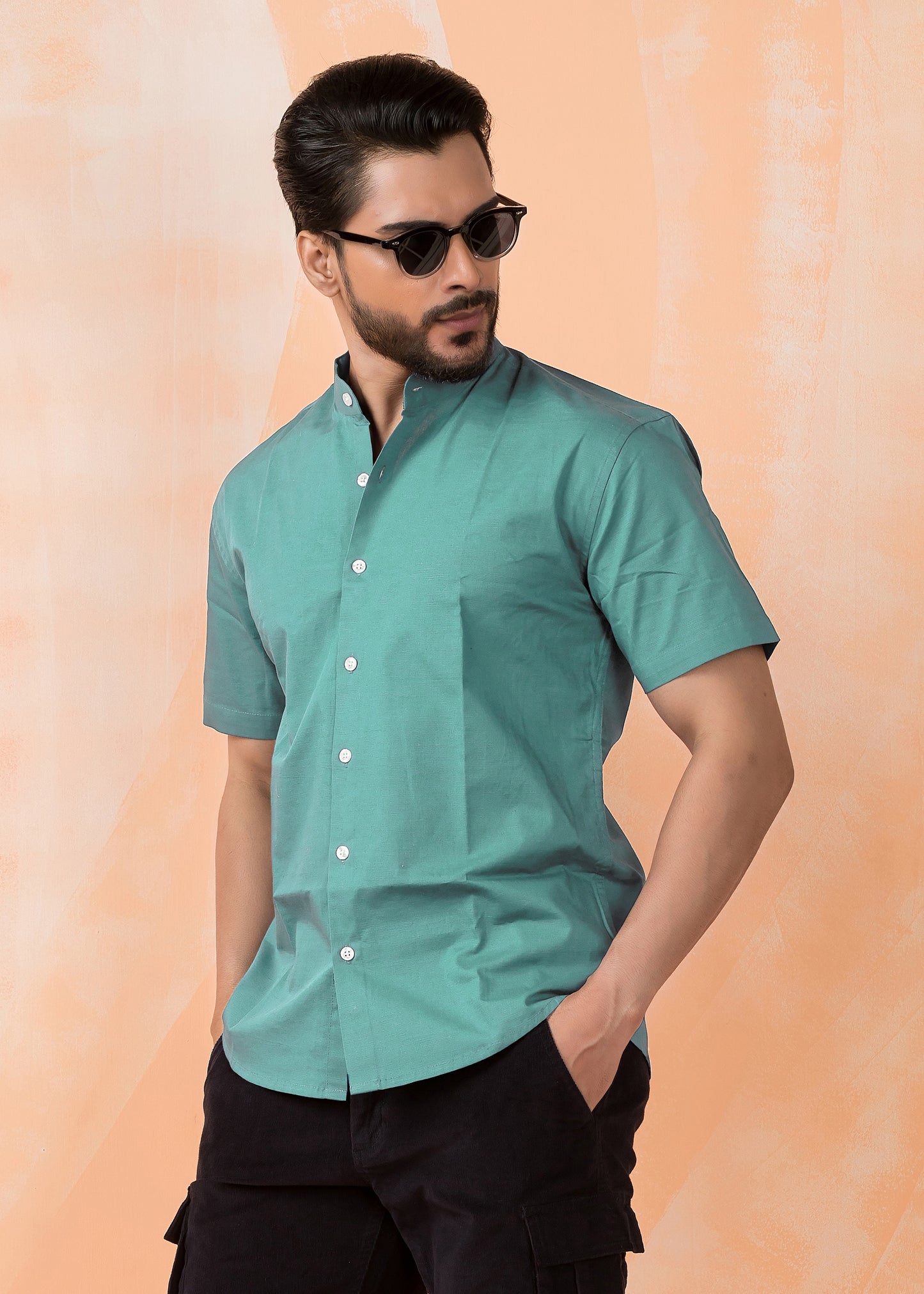 Bottle Green Half-Sleeve Linen Shirt