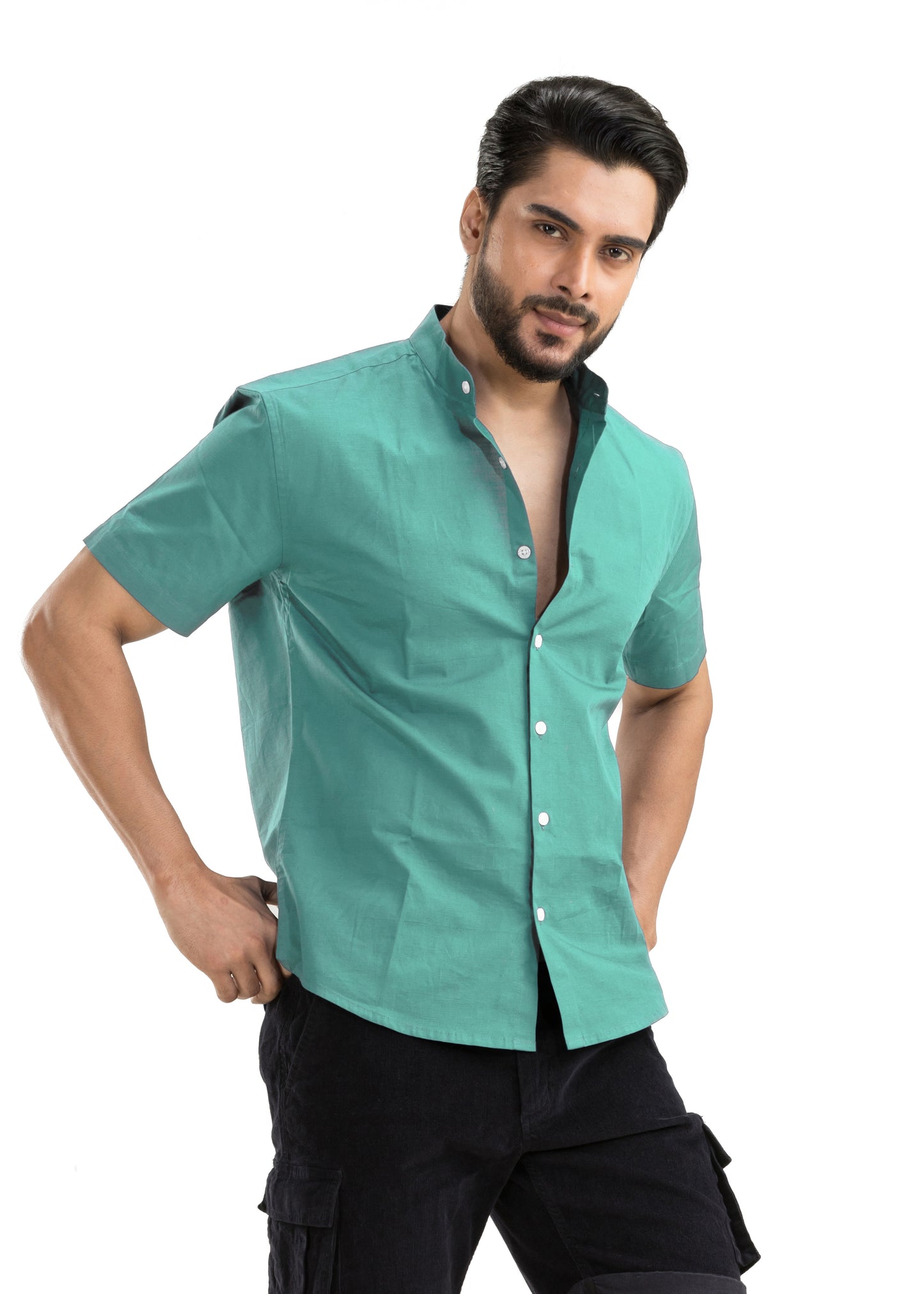 Bottle Green Half-Sleeve Linen Shirt