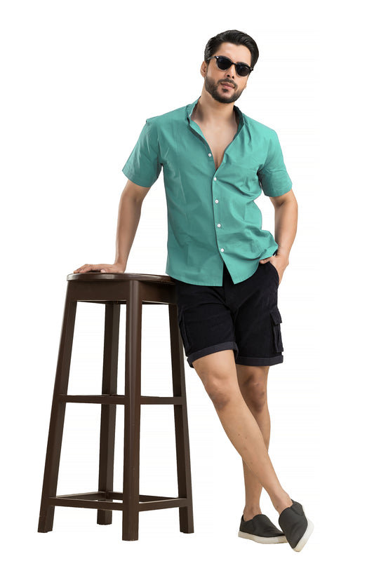 Bottle Green Half-Sleeve Linen Shirt